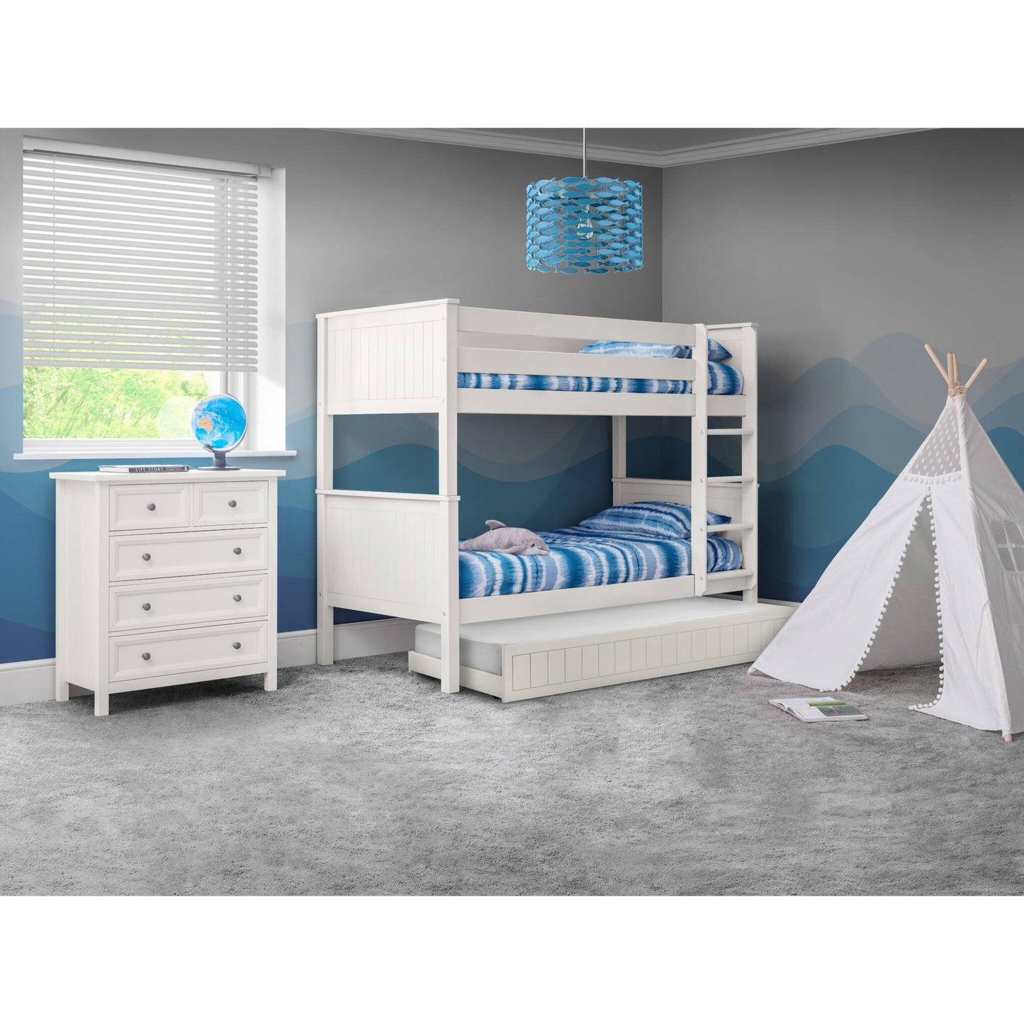 Wider bedroom view of the Maine Bunk Bed finished in surf white