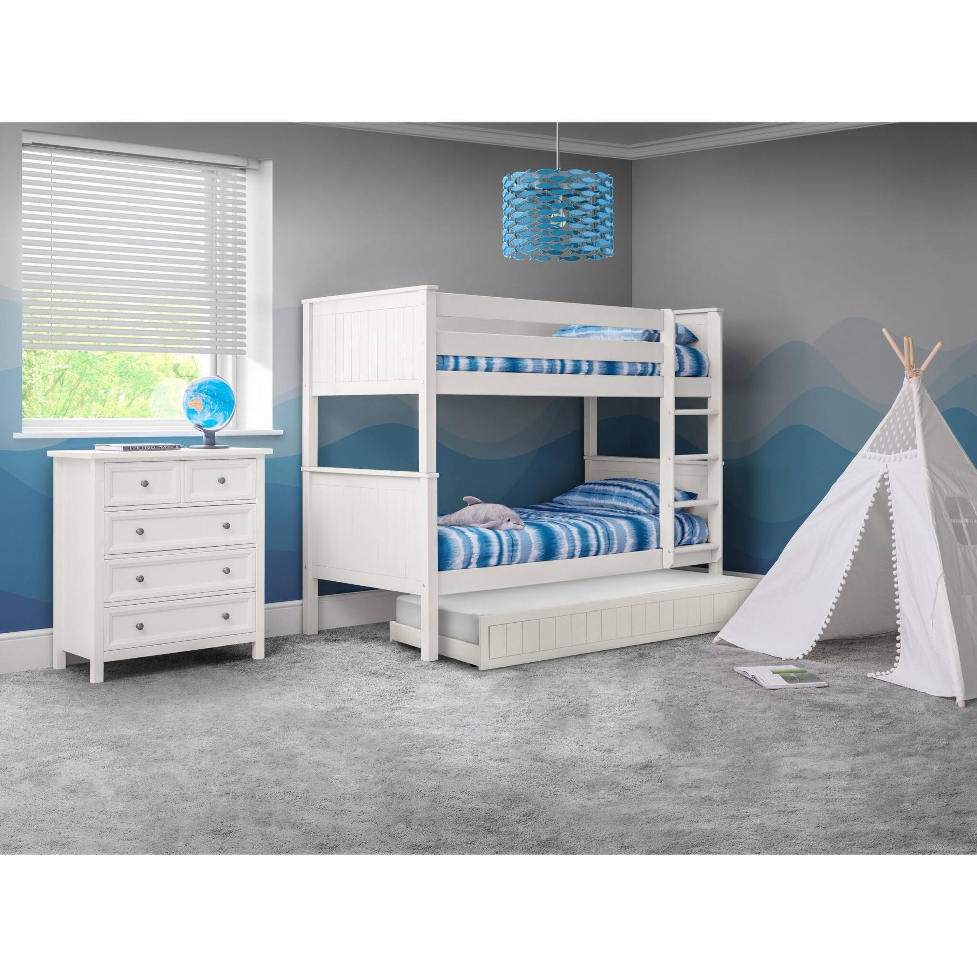 Wider bedroom view of the Maine Bunk Bed finished in surf white