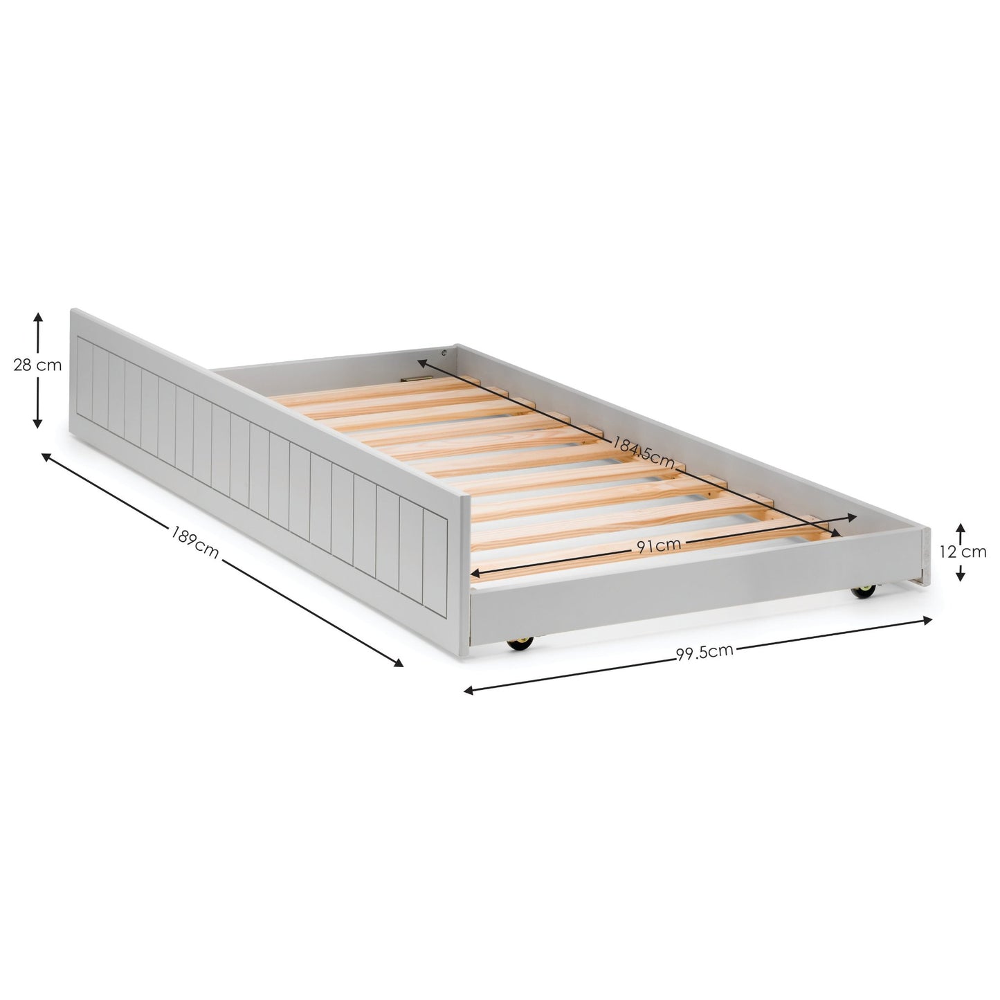 Dimension detail of the Maine Trundle Underbed in dove grey