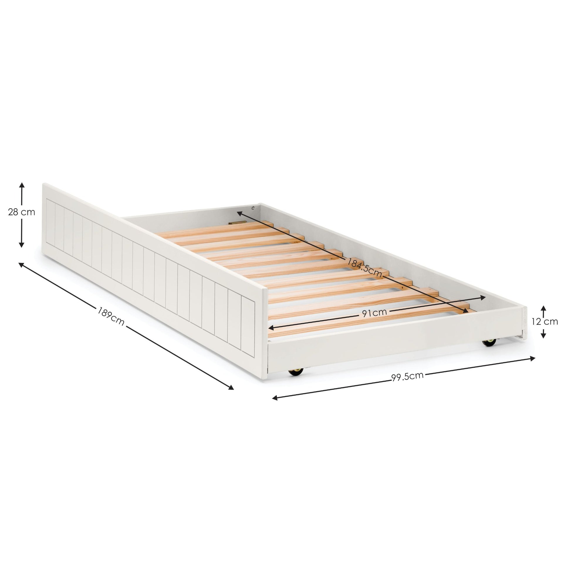 Dimension detail of the Maine Trundle Underbed in surf white
