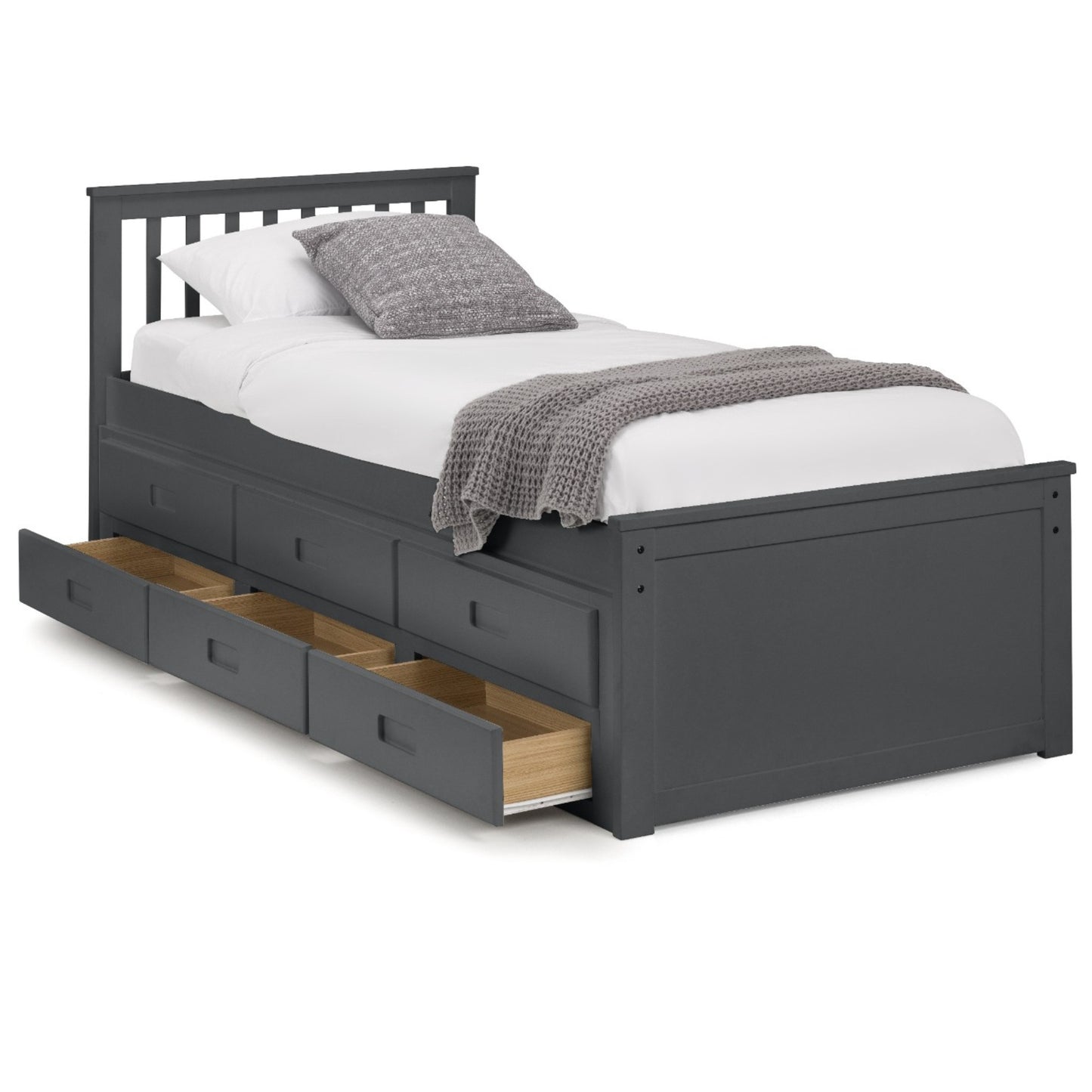 Angled view of Maisie Trundle Bed with drawers open finished in anthracite
