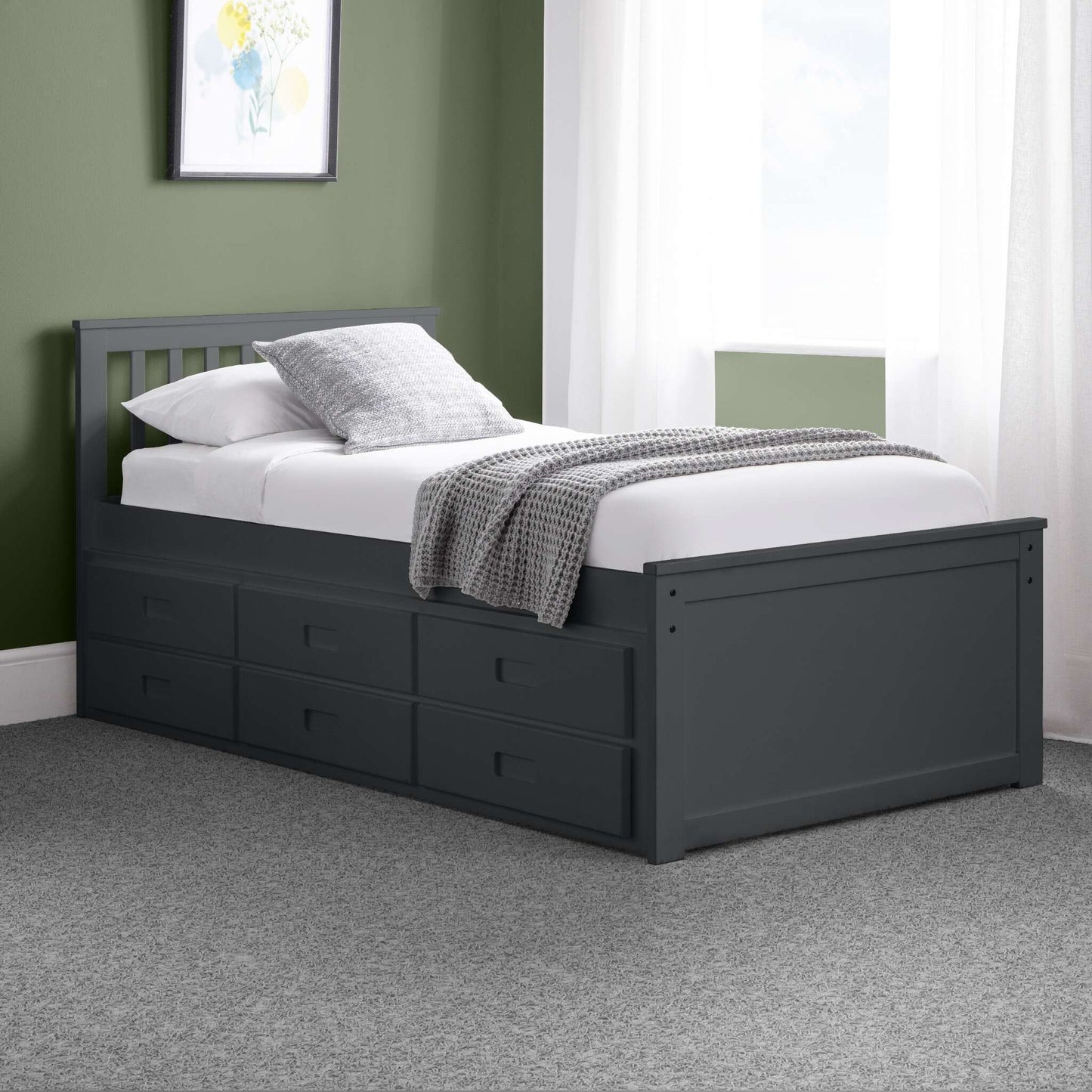 Maisie Trundle Bed with Drawers in anthracite shown in a bedroom setting