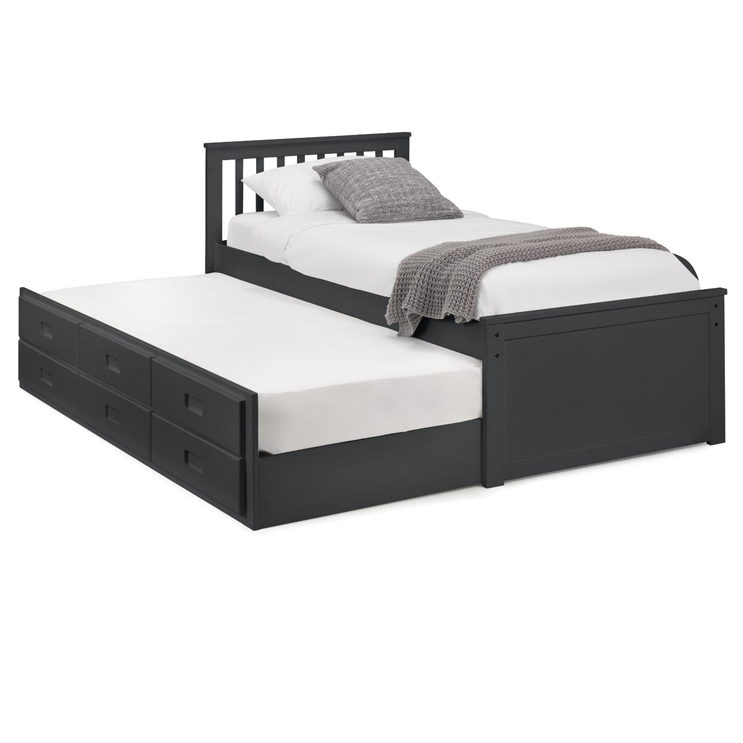 Angled view of Maisie Trundle Bed with underbed extended finished in anthracite