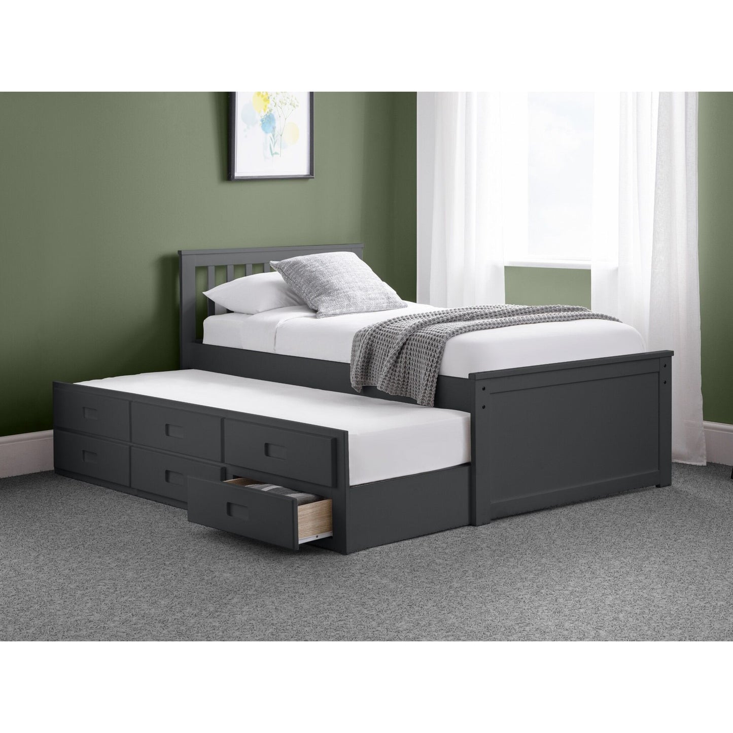 Wide bedroom view of Maisie Trundle Bed with Drawers in anthracite with underbed extended