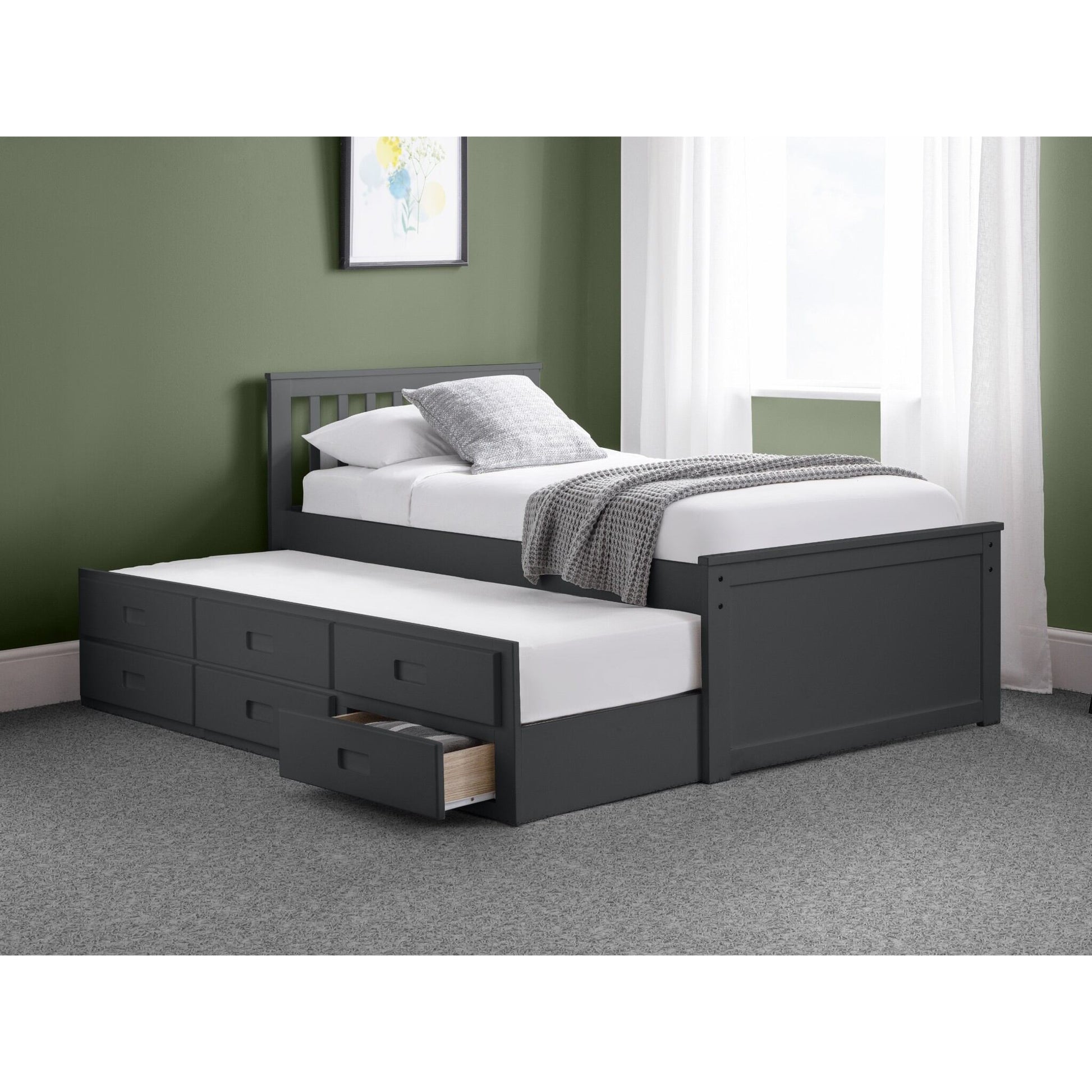 Wide bedroom view of Maisie Trundle Bed with Drawers in anthracite with underbed extended
