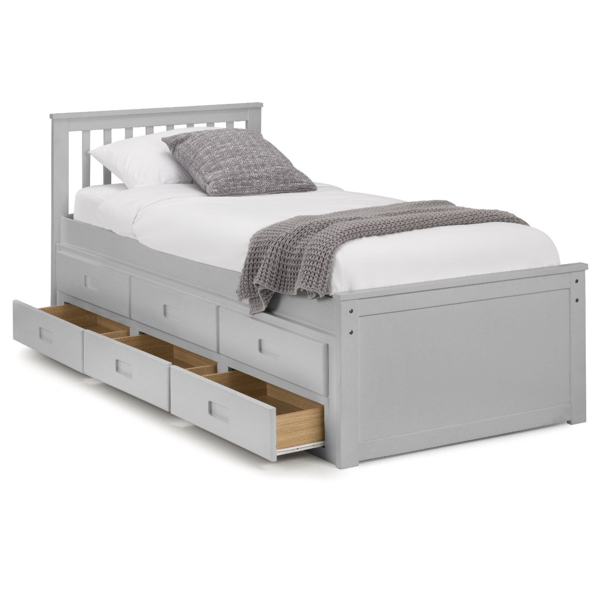 Angled view of Maisie Trundle Bed with drawers open finished in dove grey