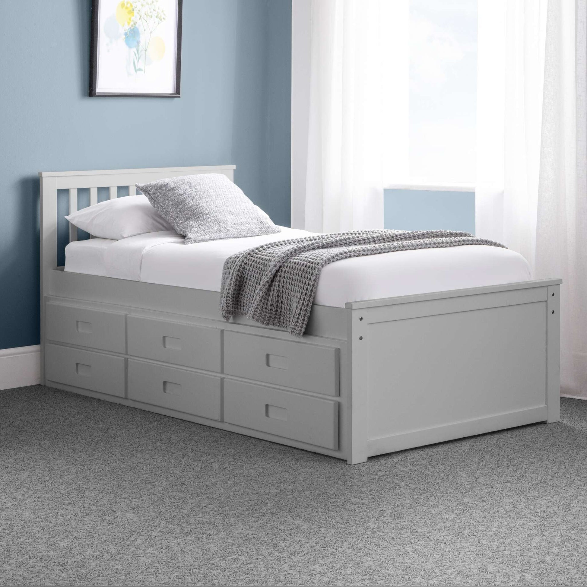 Maisie Trundle Bed with Drawers in dove grey shown in a bedroom setting