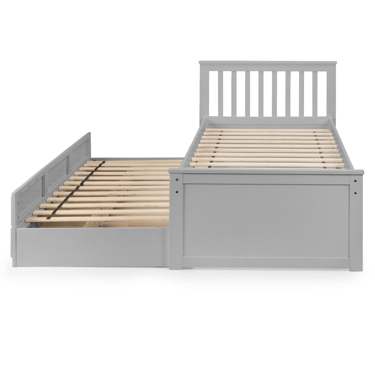 End view of Maisie Trundle Bed with Drawers in dove grey with underbed extended