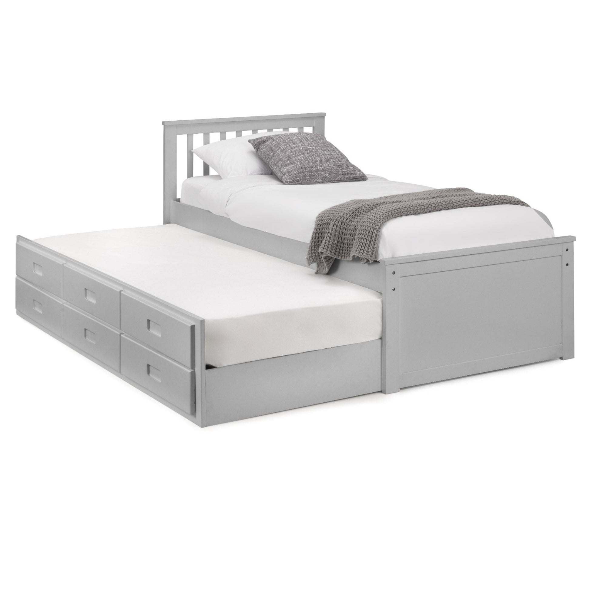 Angled view of Maisie Trundle Bed with underbed extended finished in dove grey