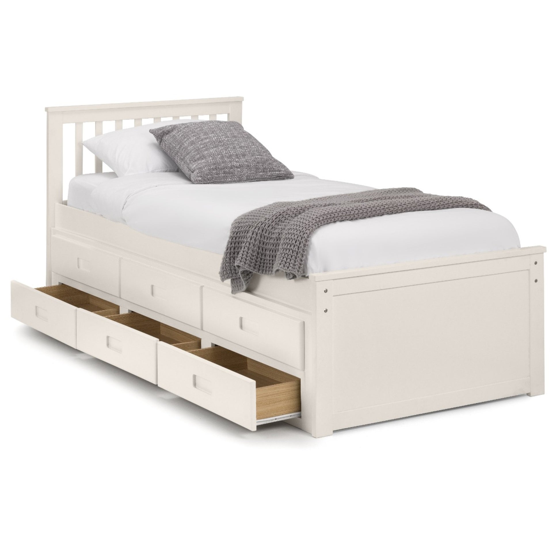 Angled view of Maisie Trundle Bed with drawers open finished in surf white