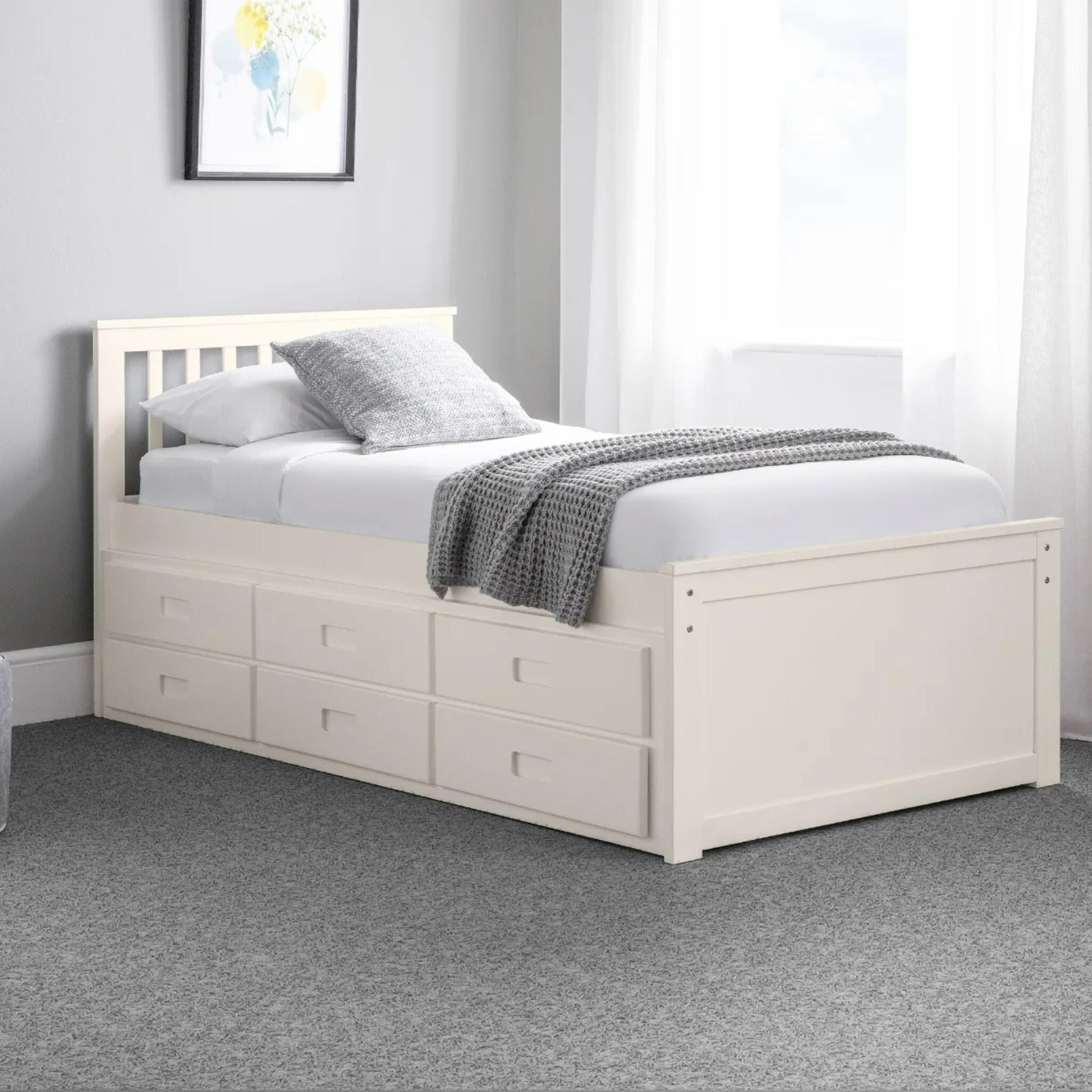 Maisie Trundle Bed with Drawers in surf white shown in a bedroom setting
