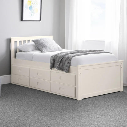 Maisie Trundle Bed with Drawers in surf white shown in a bedroom setting