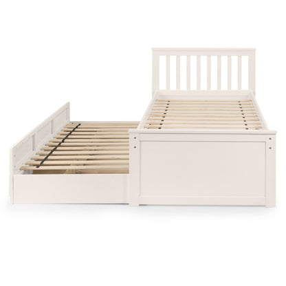 End view of Maisie Trundle Bed with Drawers in surf white with underbed extended