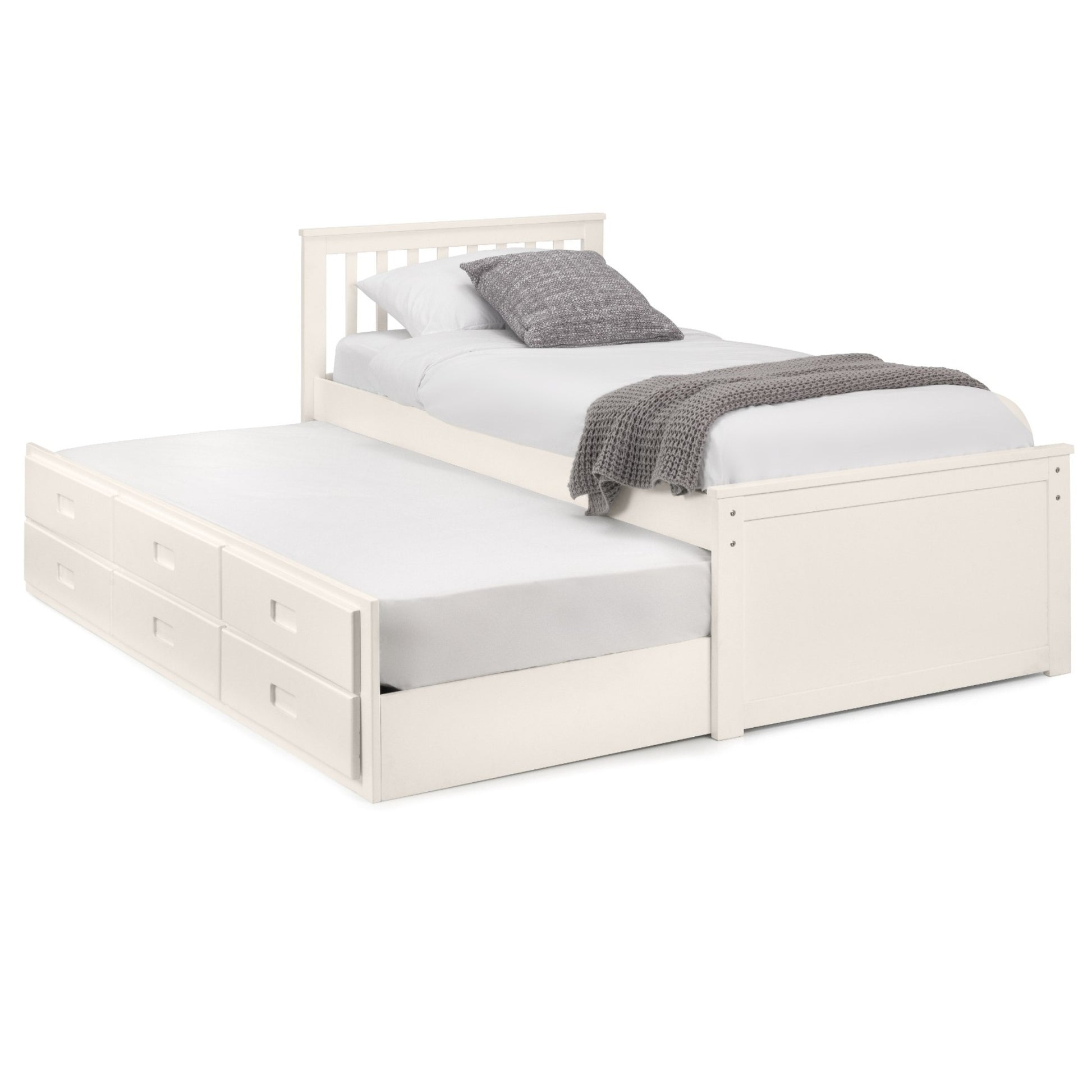 Angled view of Maisie Trundle Bed with underbed extended finished in surf white