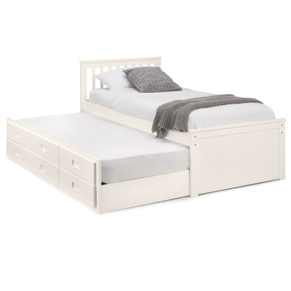 Angled view of Maisie Trundle Bed with underbed extended finished in surf white