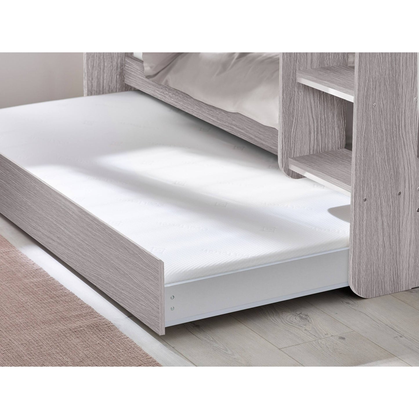 Extended underbed detail of Mars Bunk Bed in grey oak