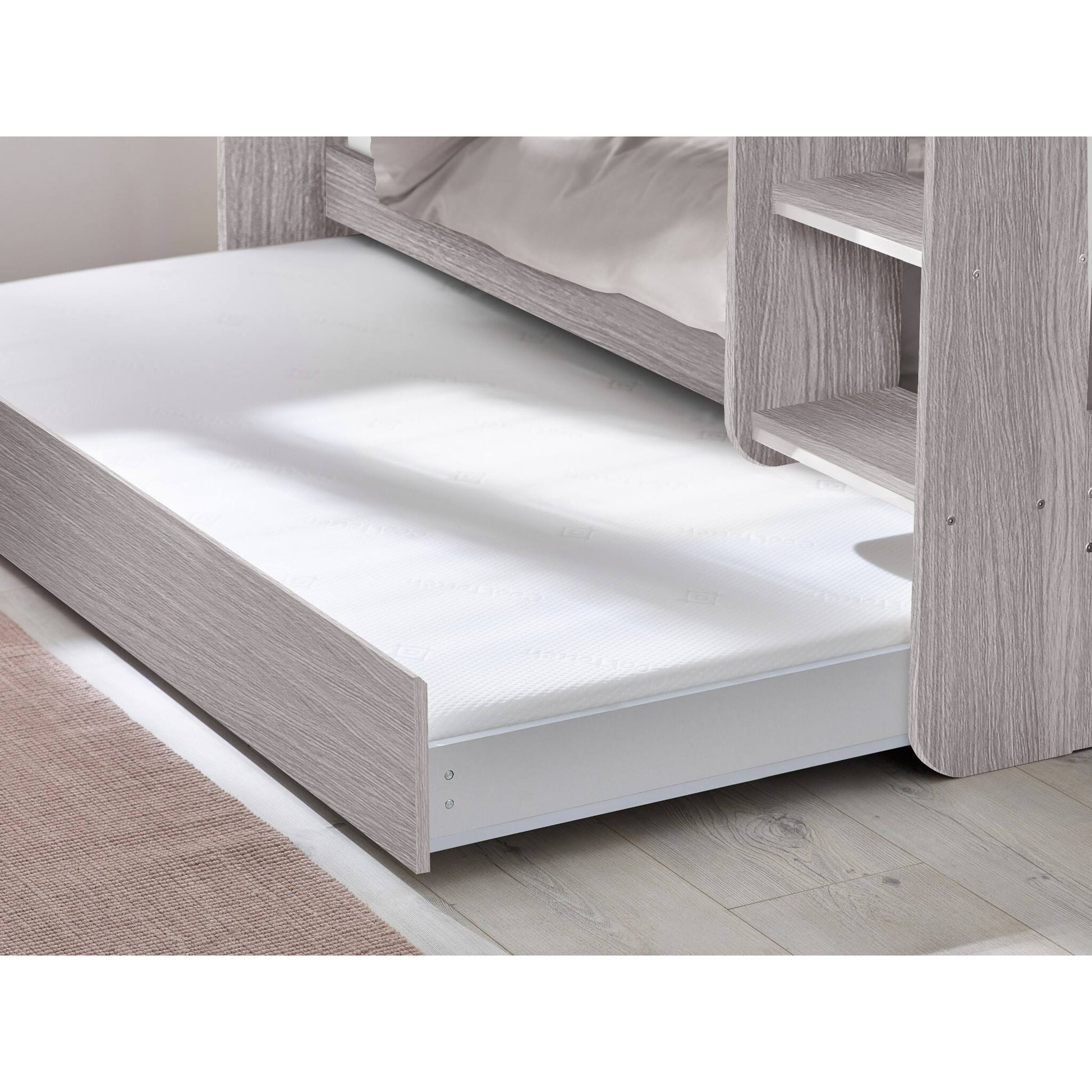 Extended underbed detail of Mars Bunk Bed in grey oak