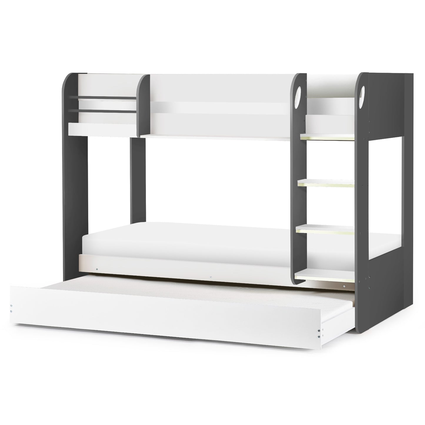 Front view of Mars Bunk Bed with Underbed in charcoal and white