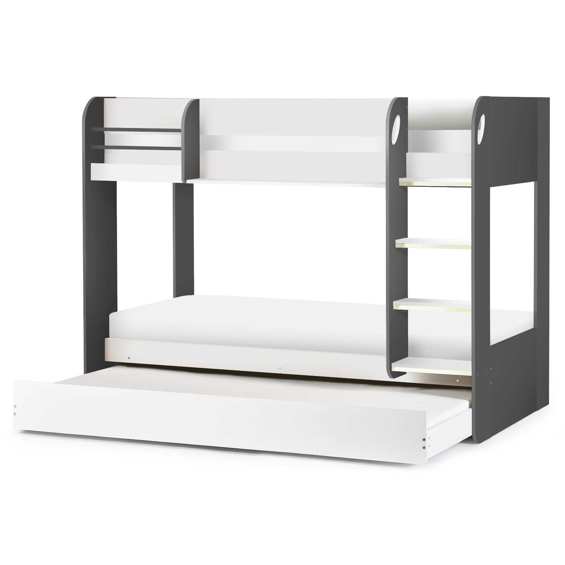 Front view of Mars Bunk Bed with Underbed in charcoal and white