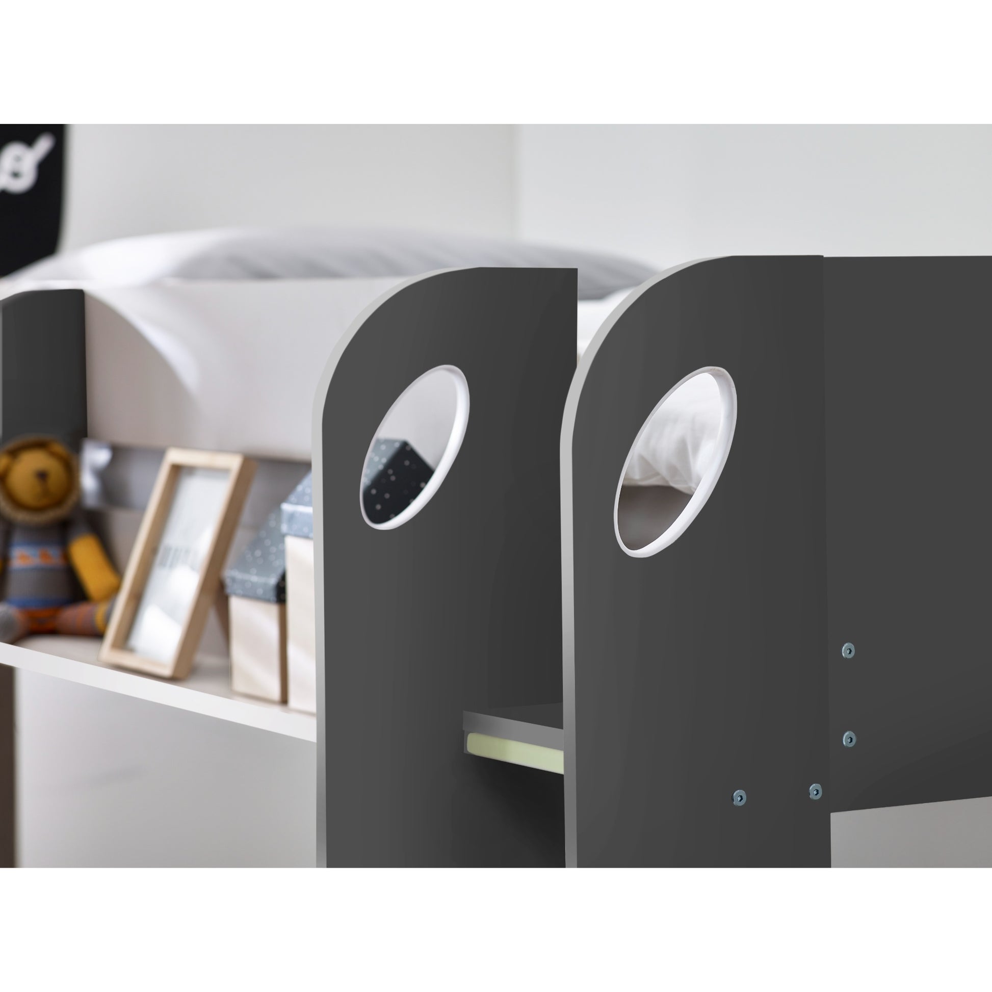 Ladder hand holes of Mars Bunk Bed with Underbed in charcoal and white