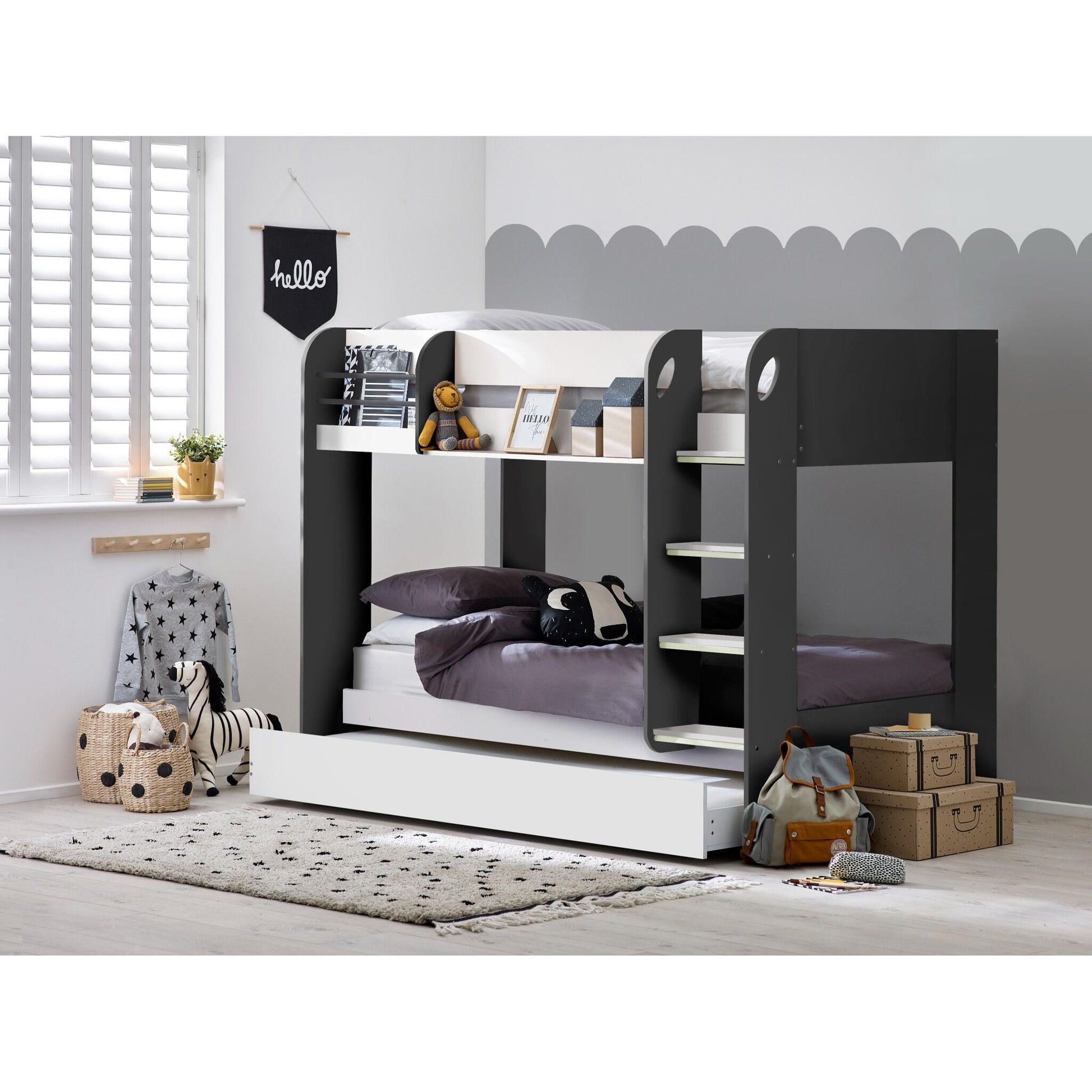 Wider bedroom view of Mars Bunk Bed with Underbed in charcoal and white