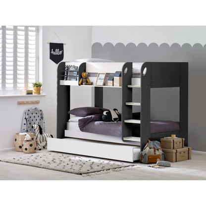 Wider bedroom view of Mars Bunk Bed with Underbed in charcoal and white