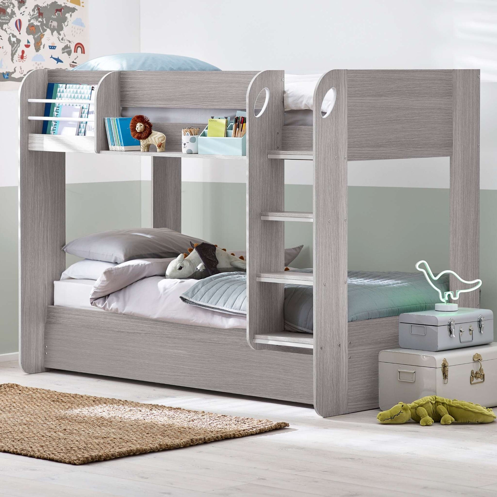 Mars Bunk Bed with Underbed in grey oak shown in a bedroom setting