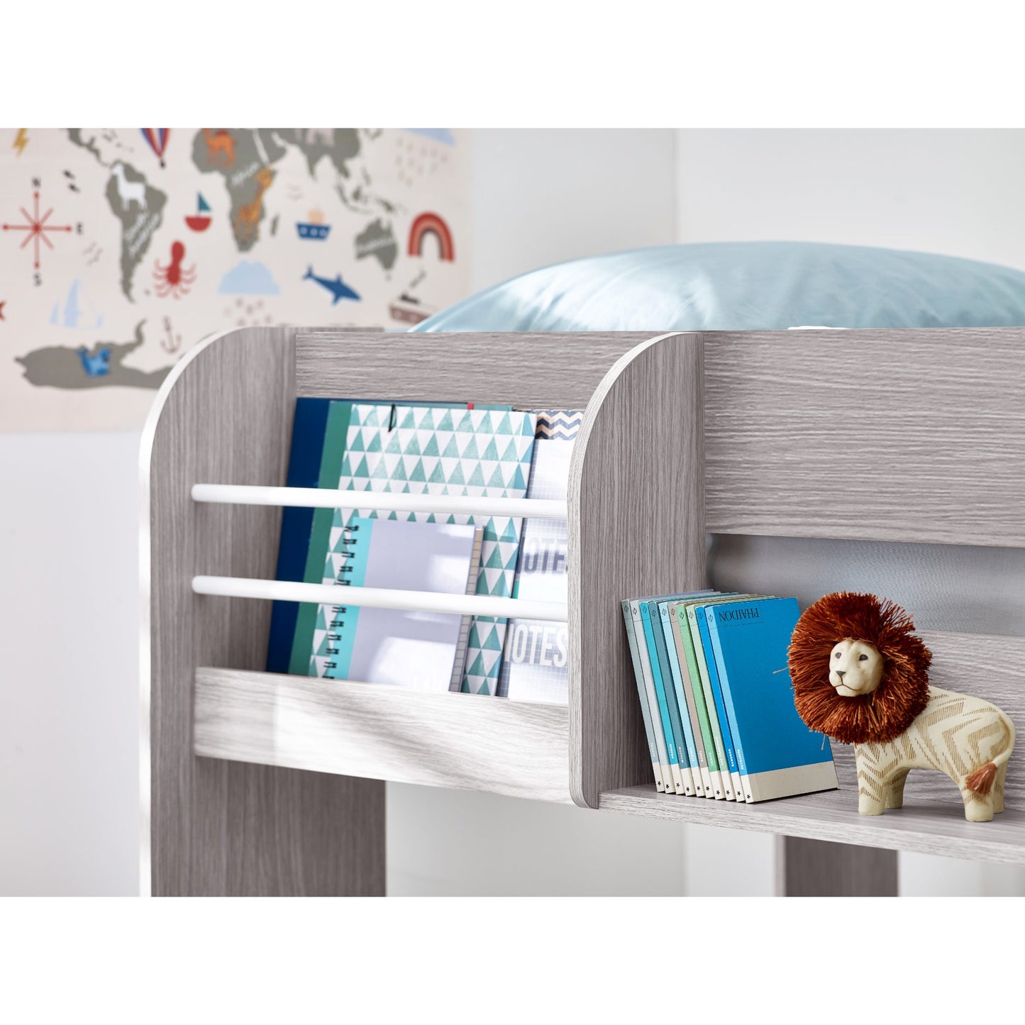 Shelving detail of Mars Bunk Bed with Underbed in grey oak