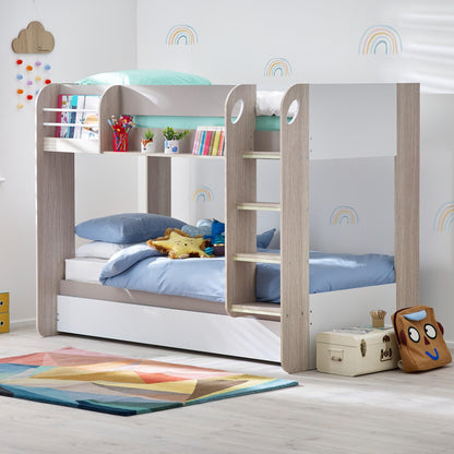 Mars Bunk Bed with Underbed in light woodgrain shown in a bedroom setting