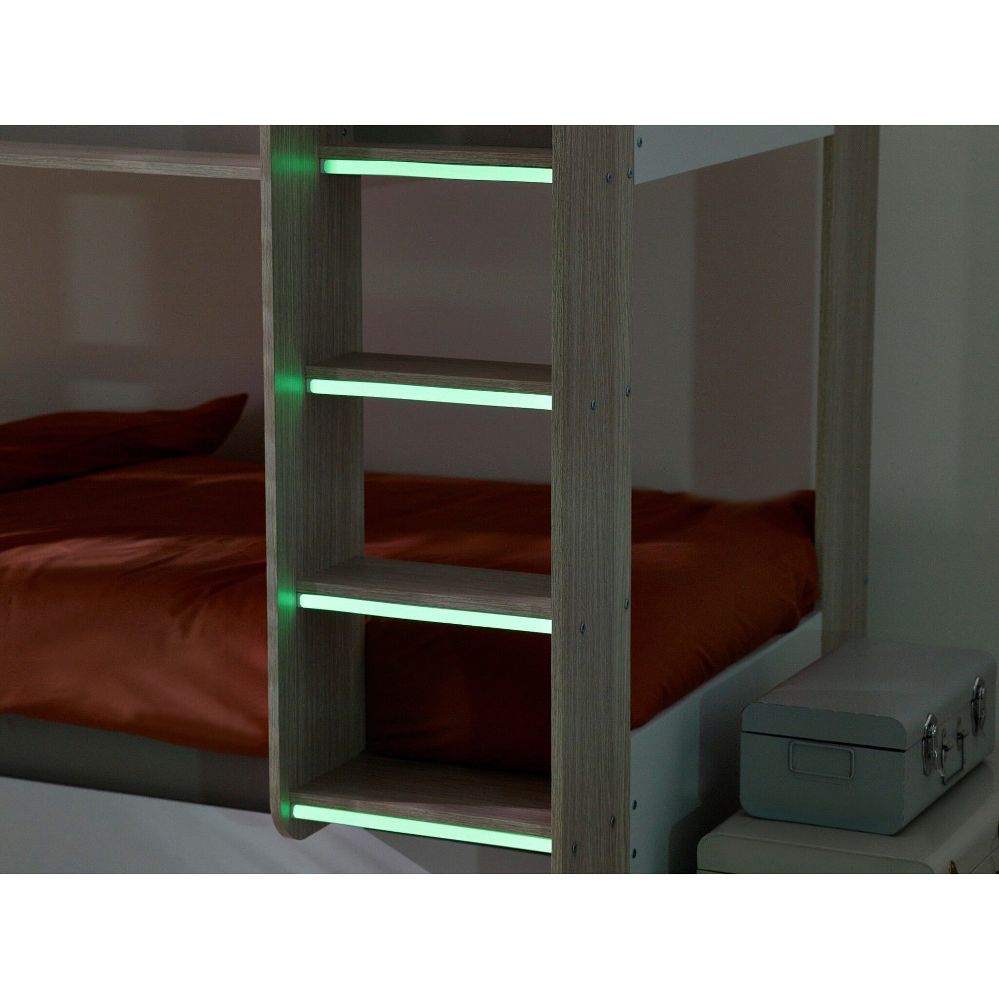 Luminous ladder steps of Mars Bunk Bed with Underbed in light woodgrain
