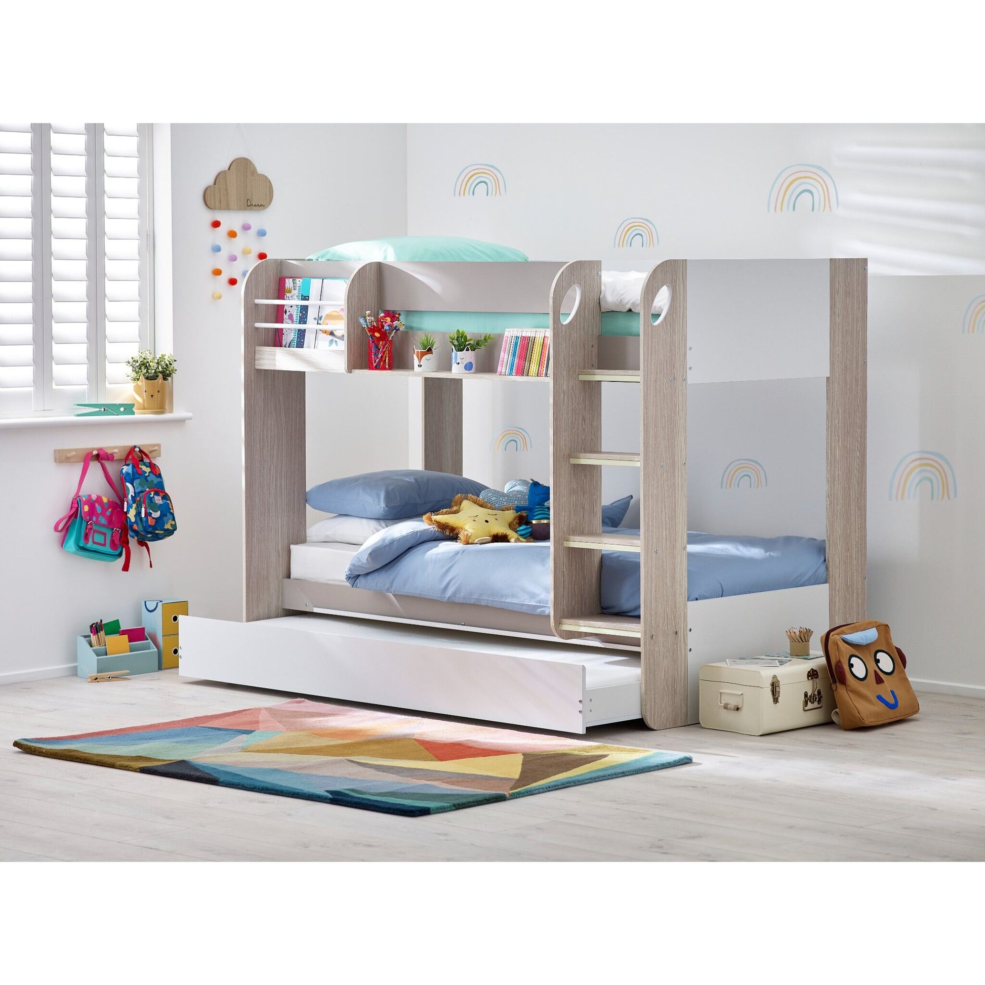 Wider bedroom view of Mars Bunk Bed with Underbed in light woodgrain