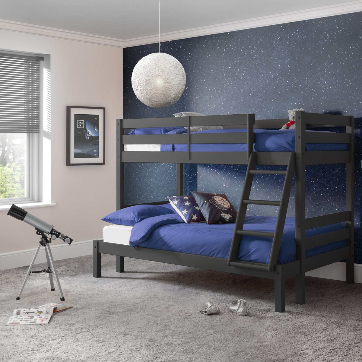 Merlin Triple Sleeper Bunk Bed in anthracite shown in a bedroom setting
