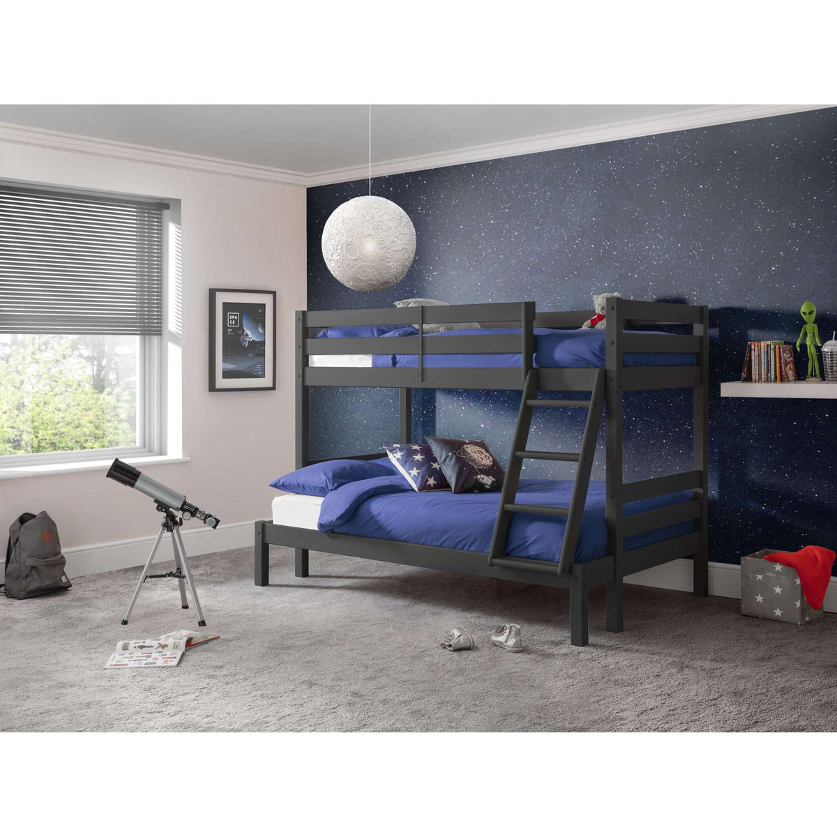 Wider bedroom view of Merlin Triple Sleeper Bunk Bed in anthracite