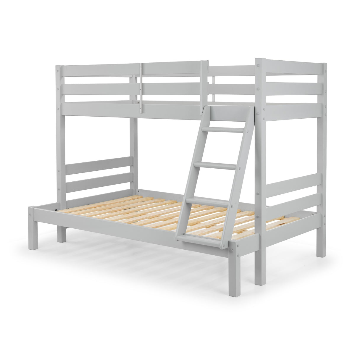 Angled view of Merlin Triple Sleeper Bunk Bed in dove grey