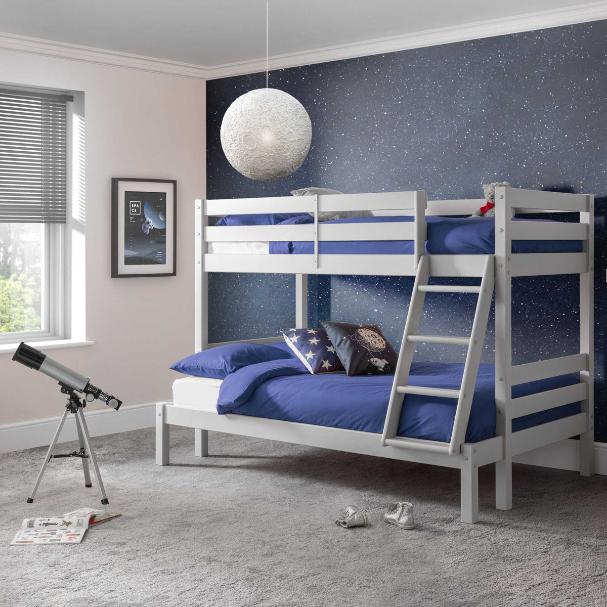 Merlin Triple Sleeper Bunk Bed in dove grey shown in a bedroom setting