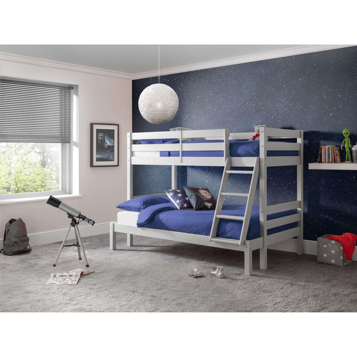 Wider bedroom view of Merlin Triple Sleeper Bunk Bed in dove grey
