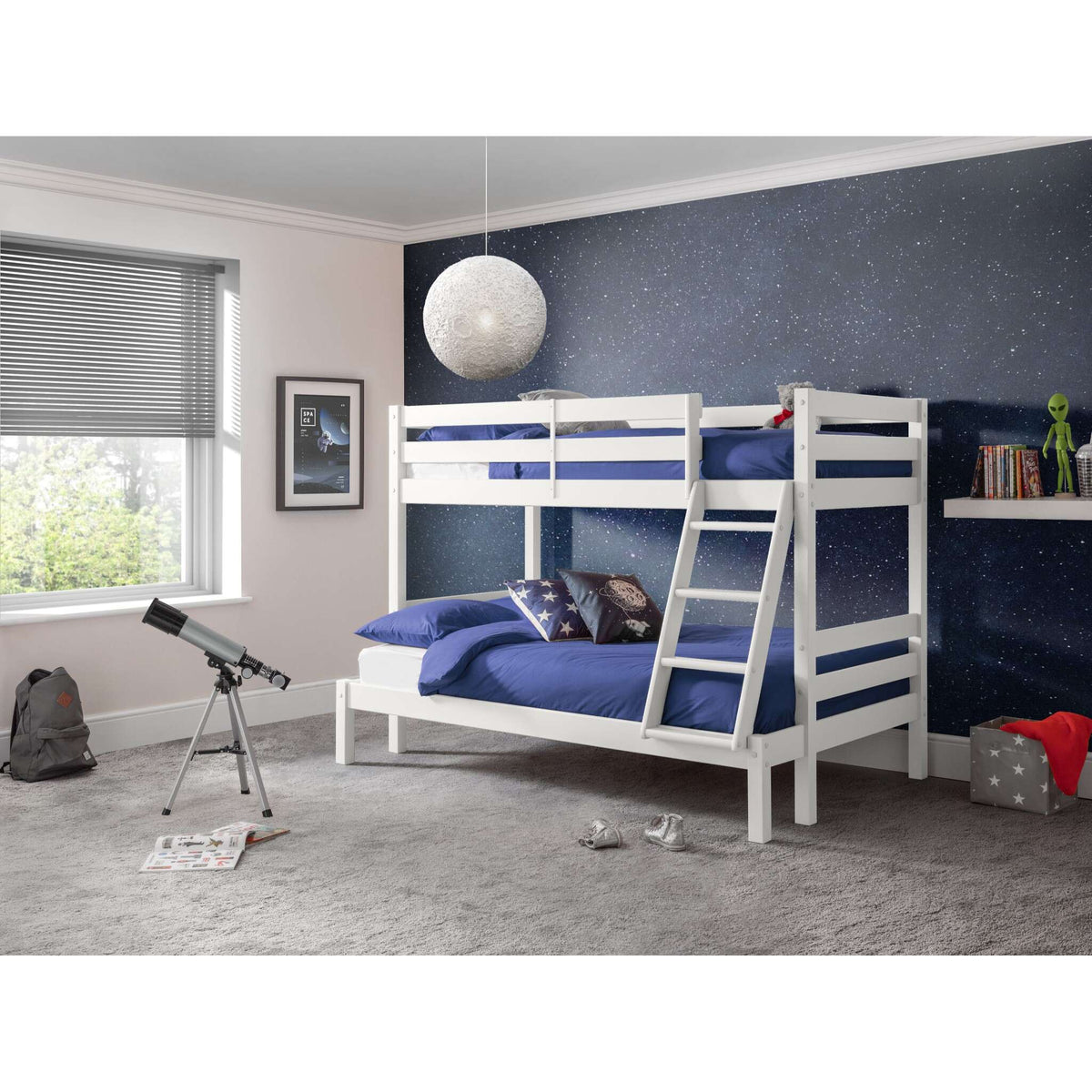 Wider bedroom view of Merlin Triple Sleeper Bunk Bed in surf white