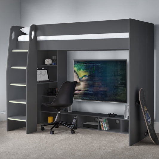 Nebula High Sleeper Gaming Bed in anthracite shown in a bedroom setting