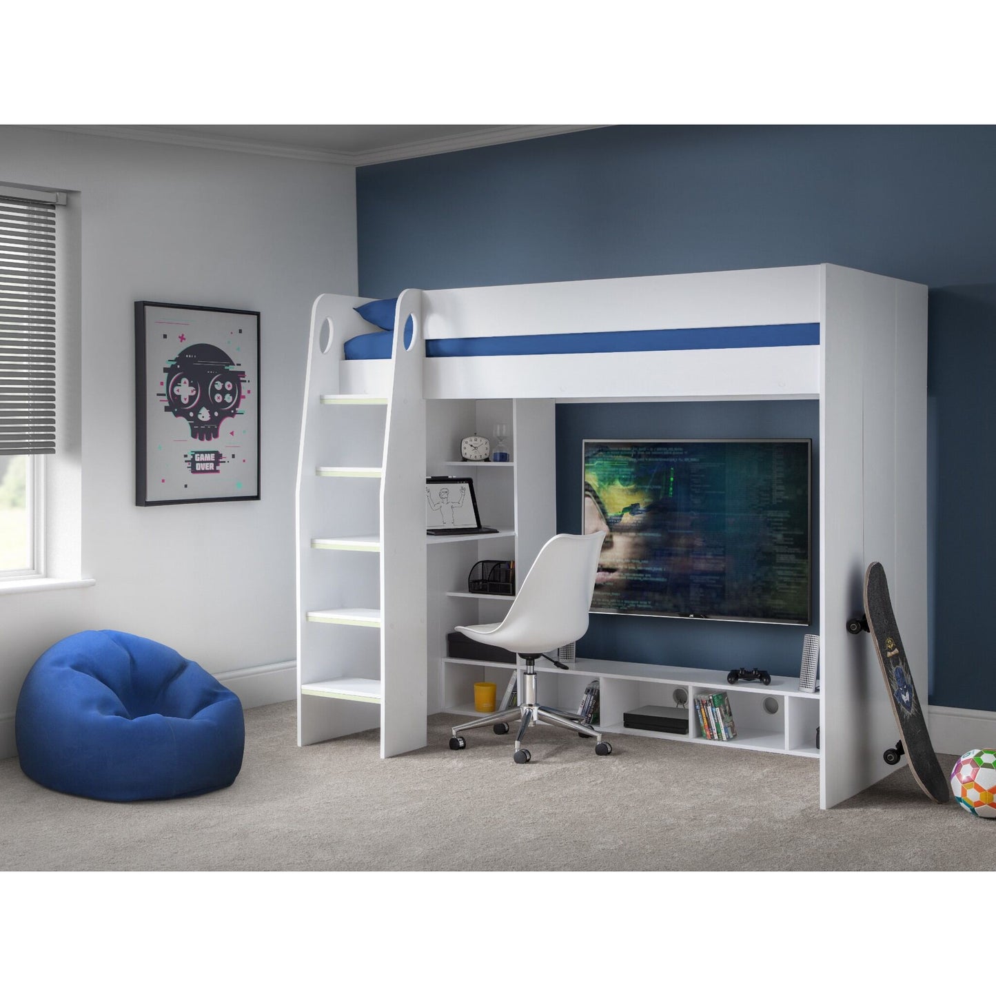 Wider bedroom view of Nebula High Sleeper Gaming Bed in white