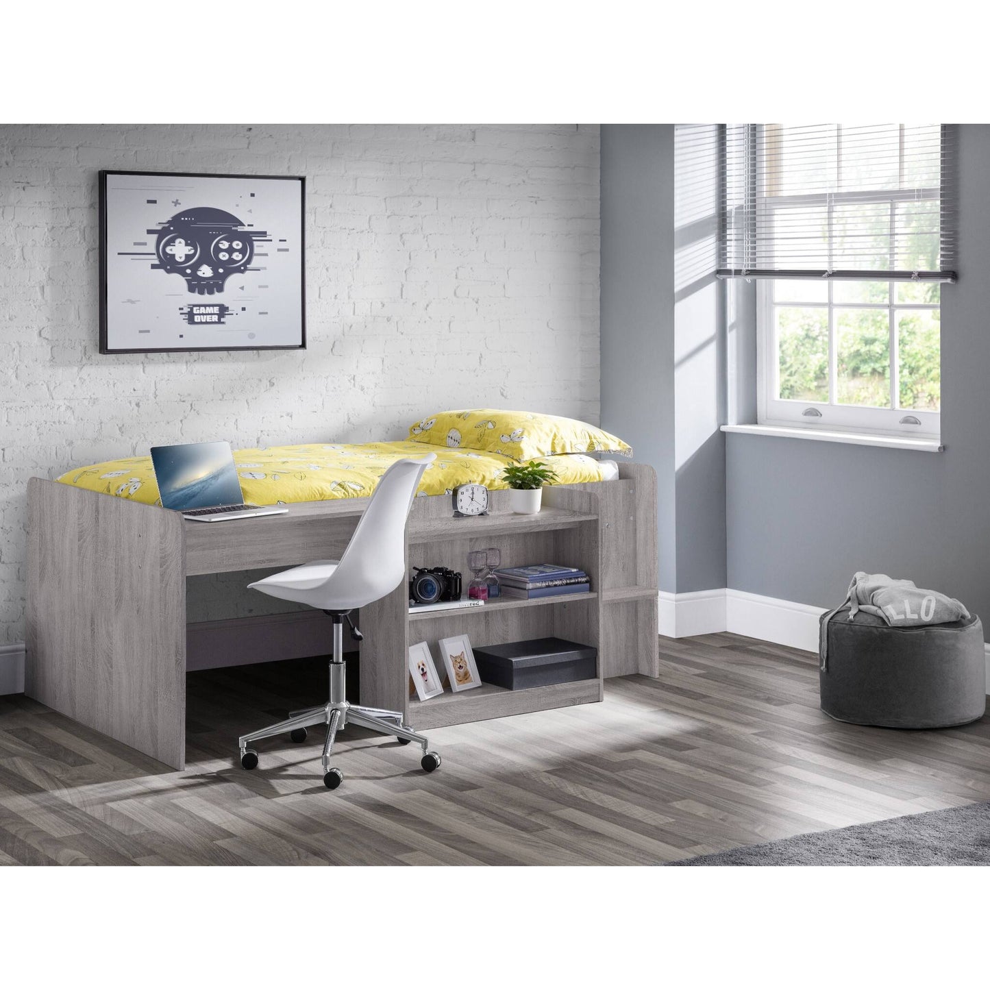 Wider bedroom view of Neptune Mid Sleeper Cabin Bed in grey oak