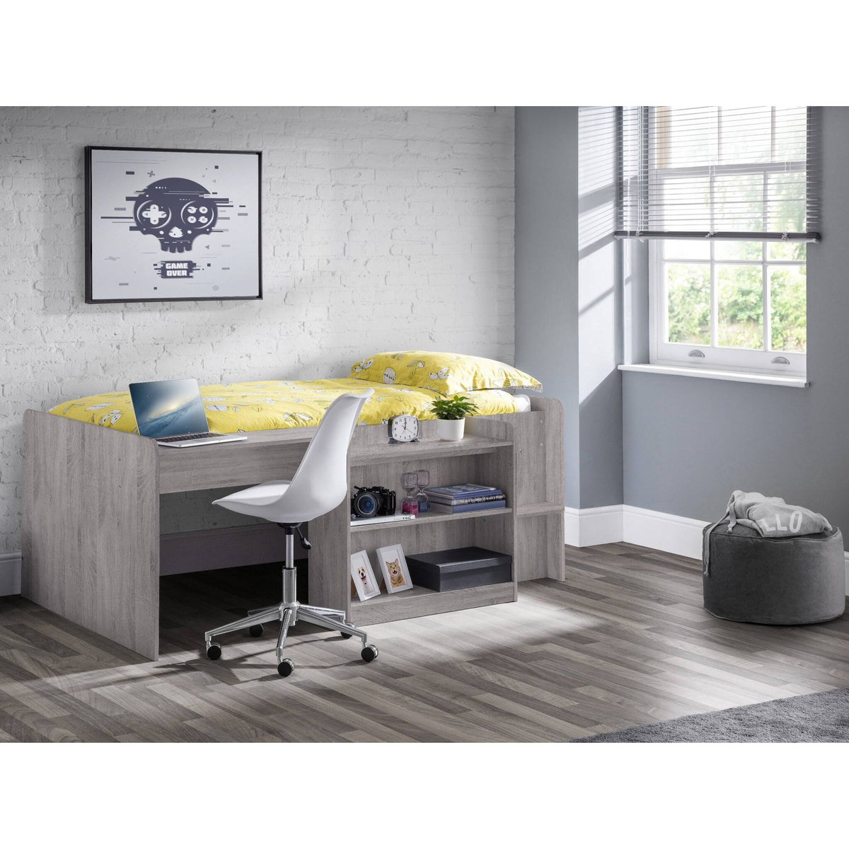 Wider bedroom view of Neptune Mid Sleeper Cabin Bed in grey oak