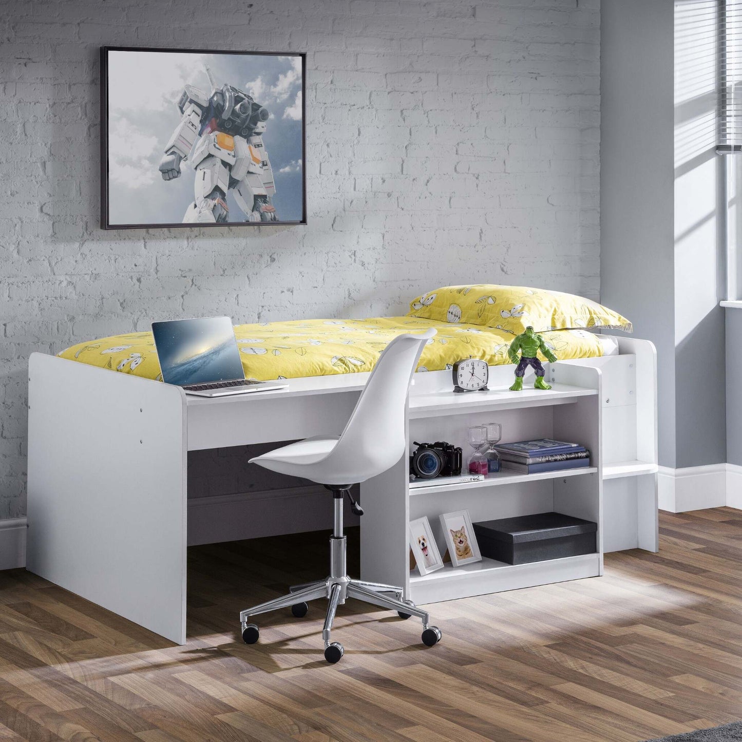 Neptune Mid Sleeper Cabin Bed in white shown in a bedroom setting
