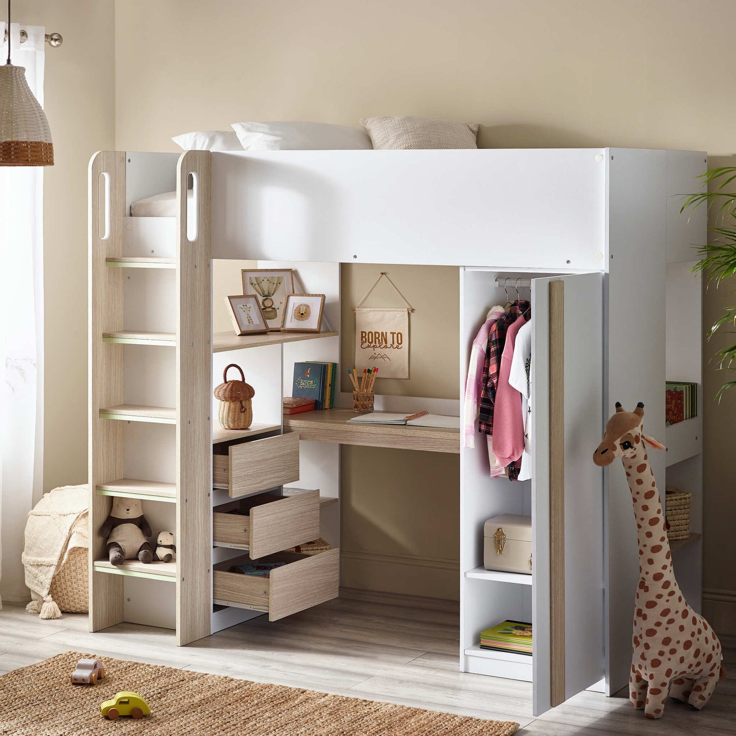Ocean High Sleeper Storage Bed in white and pale wood styled in a child's bedroom