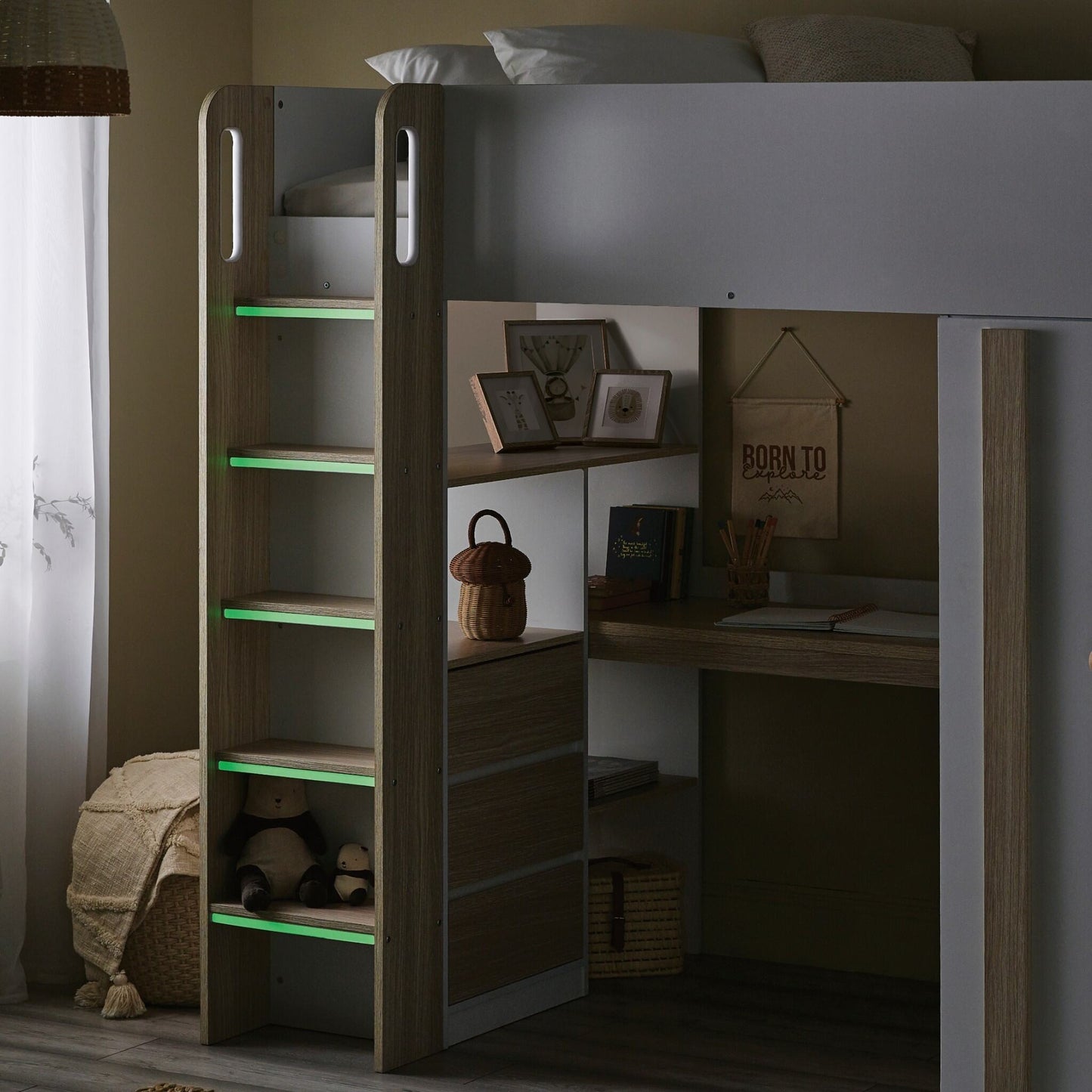 Luminous ladder steps of the Ocean High Sleeper Storage Bed