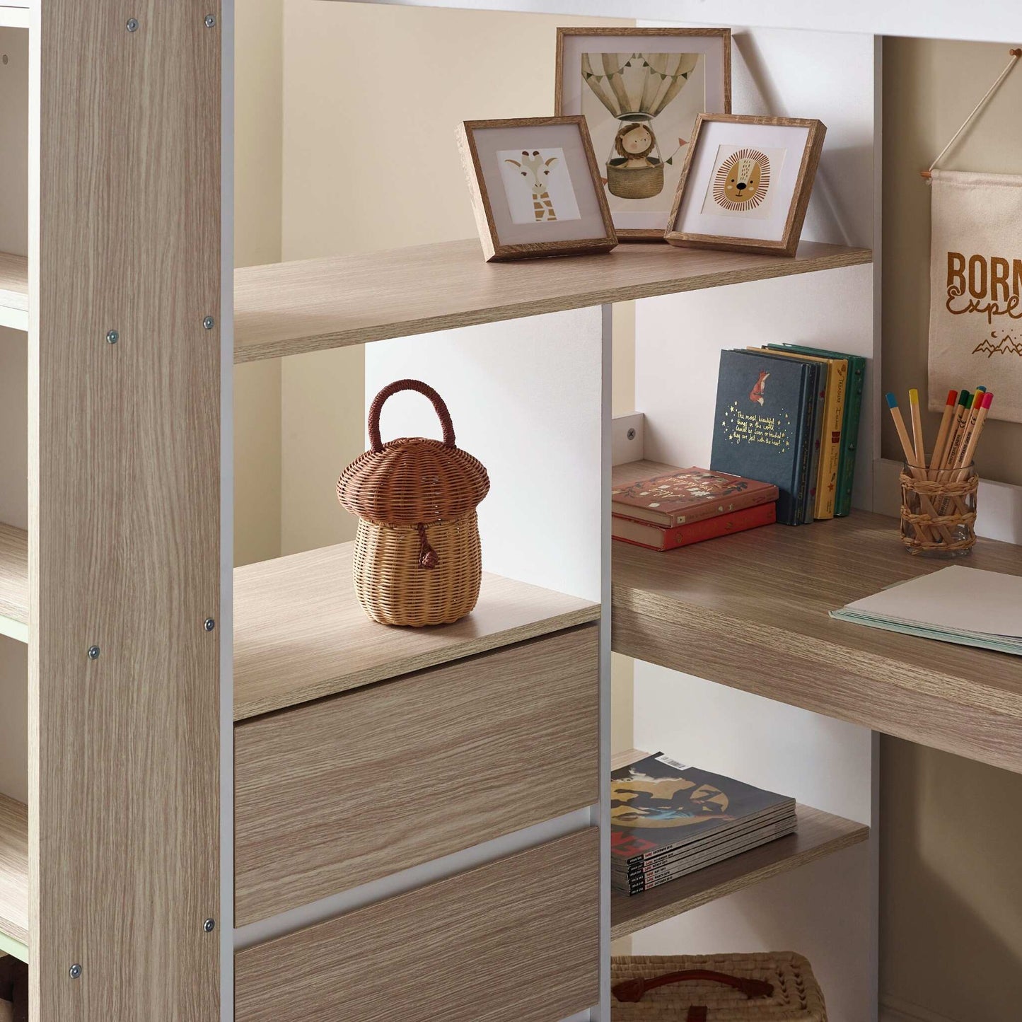 Shelving and drawer detail of this children's high sleeper bed