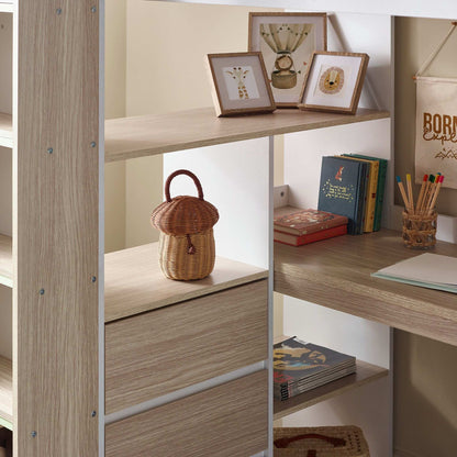 Shelving and drawer detail of this children's high sleeper bed