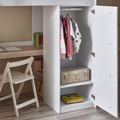 Open wardrobe and desk detail of the Ocean High Sleeper Bed in white and pale wood