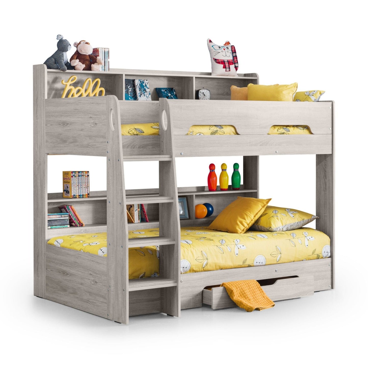 Styled angled view of this grey oak bunk bed with mattresses and open storage drawer