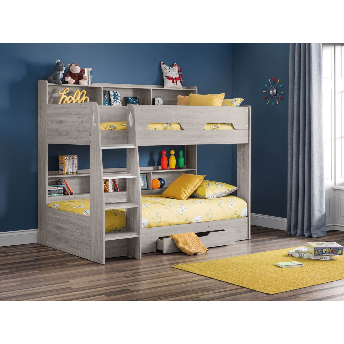 Wider bedroom view of the Orion Bunk Bed in grey oak