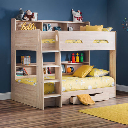 Orion Bunk Bed in sonoma oak with shelving and storage drawer styled in a child's bedroom
